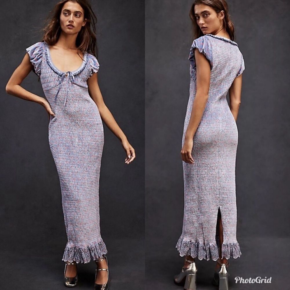 Revolve Free People Mckenna Velvet Midi Dress Smocked Slim Fitted Blue Combo - Picture 1 of 10